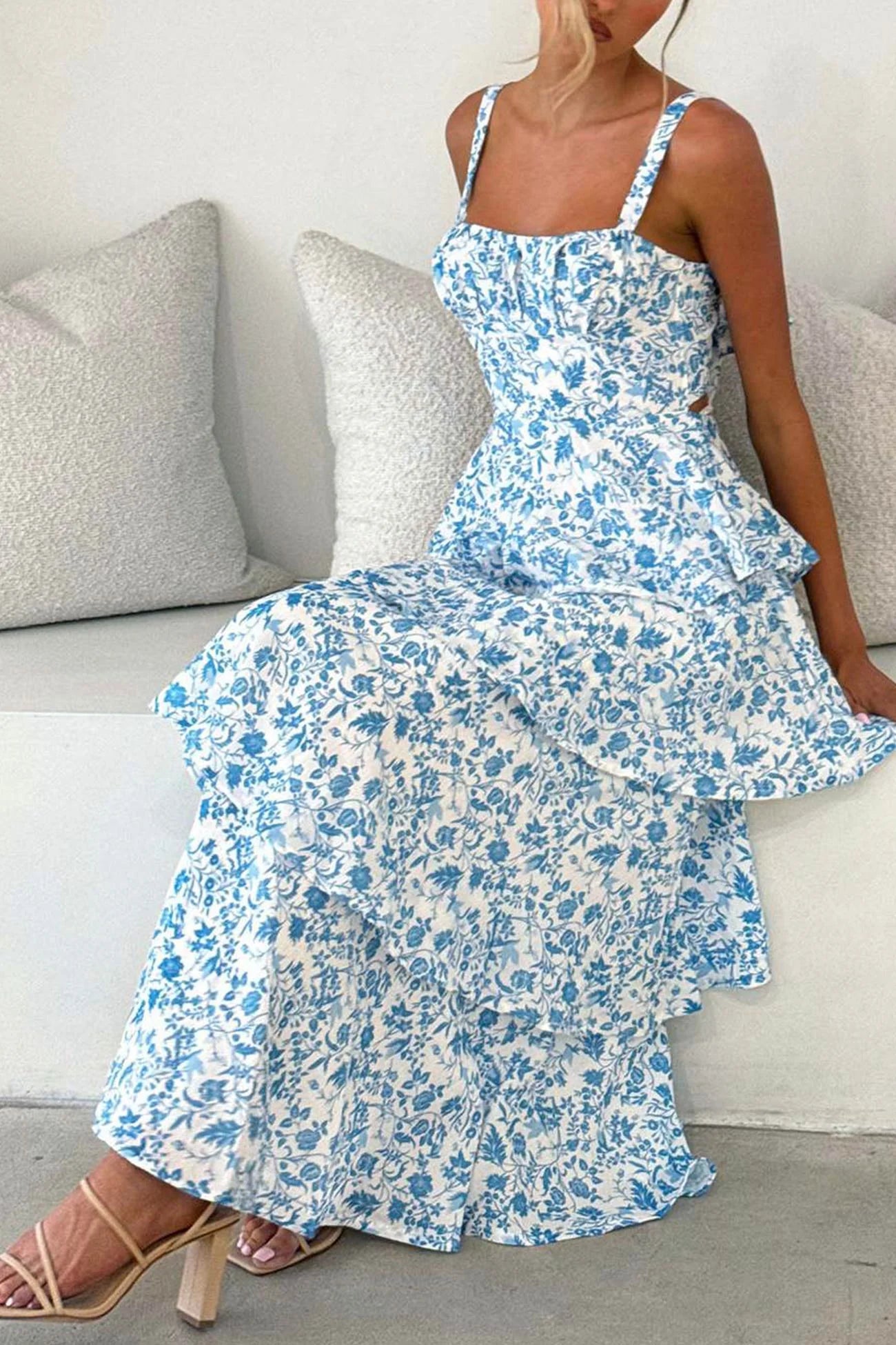 Floral Print Tie-up Tiered Midi Dress