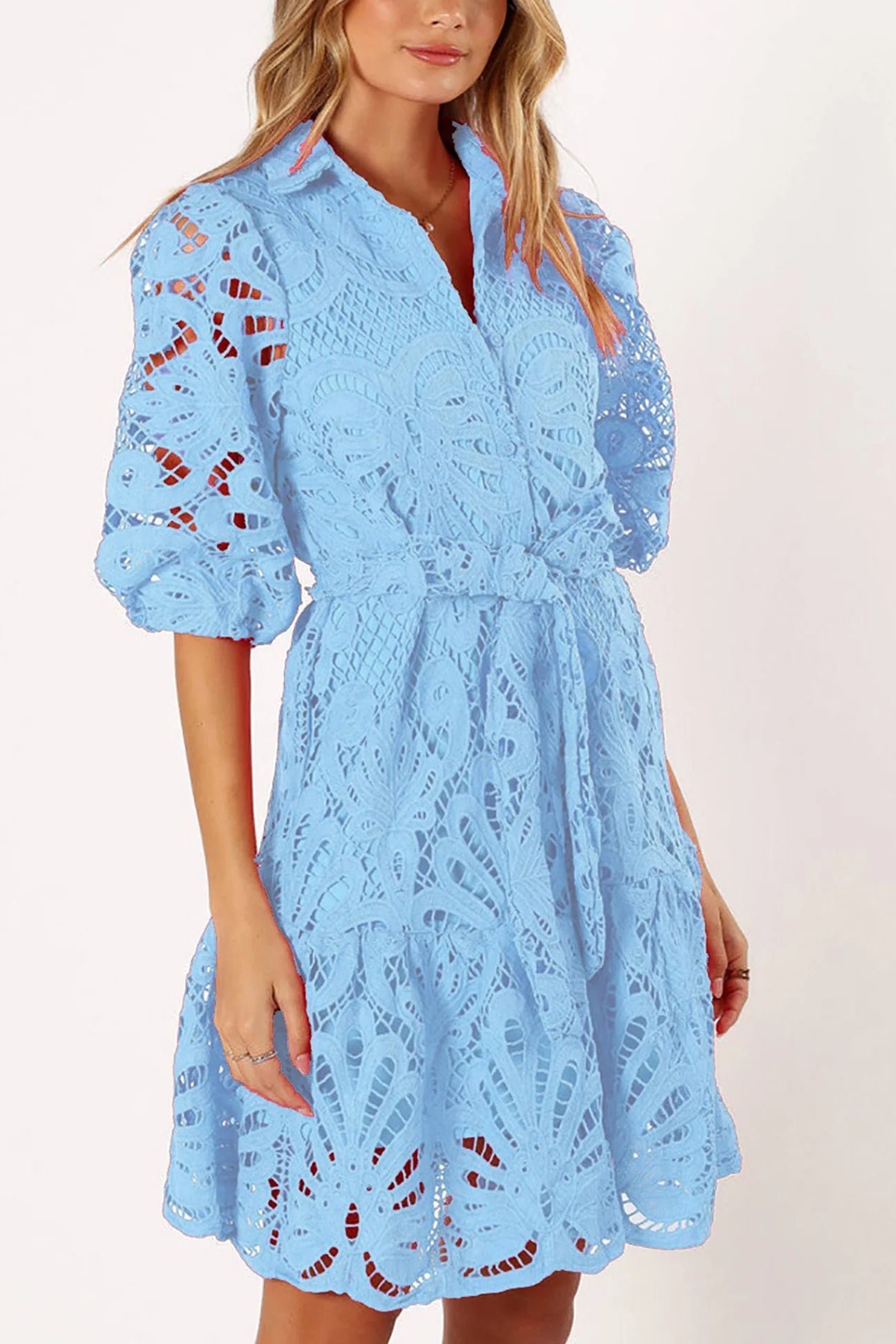 Lace Half Sleeve Tie-up Mini Dress