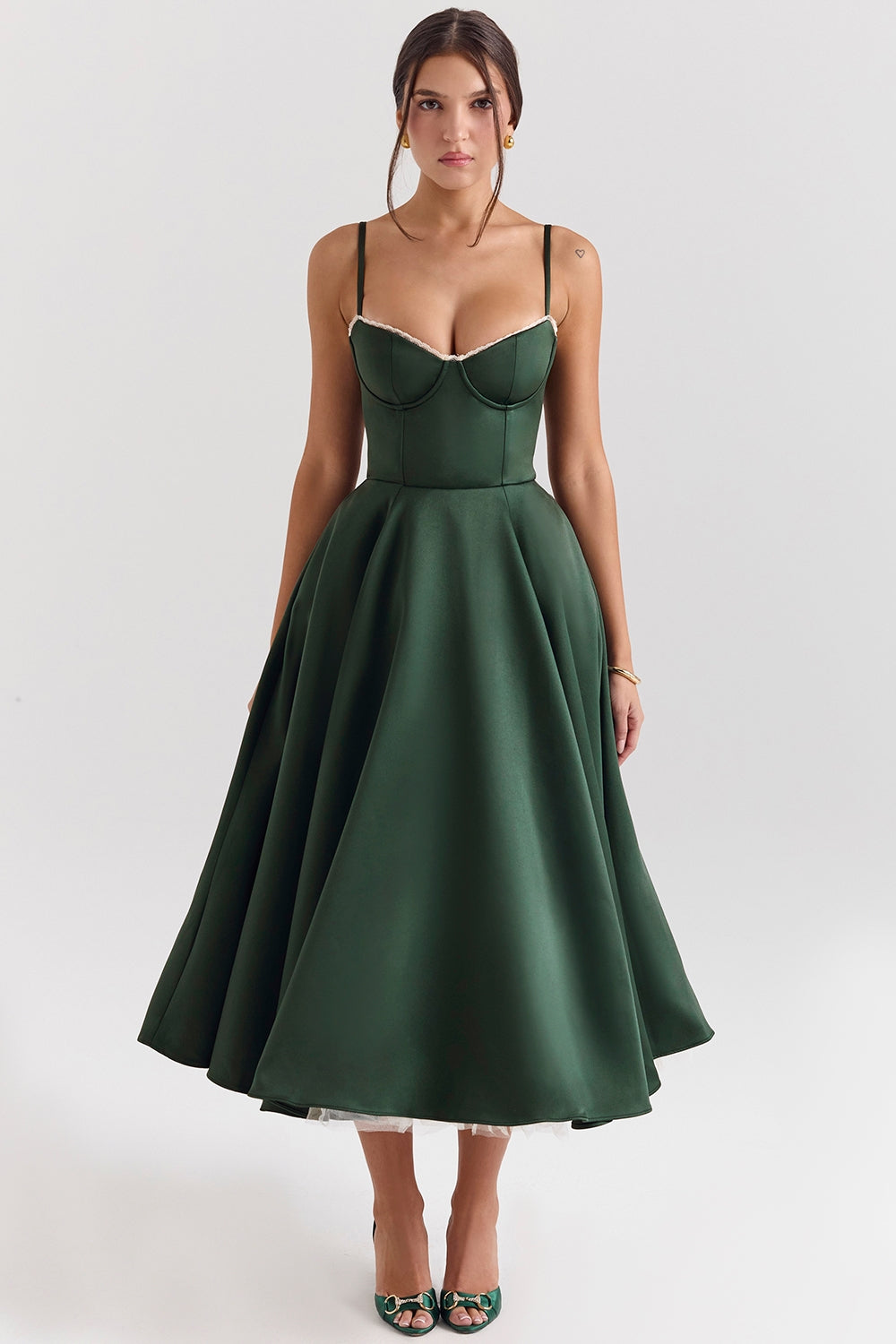 Mademoiselle-Forest Green Satin Tulle Midi Dress