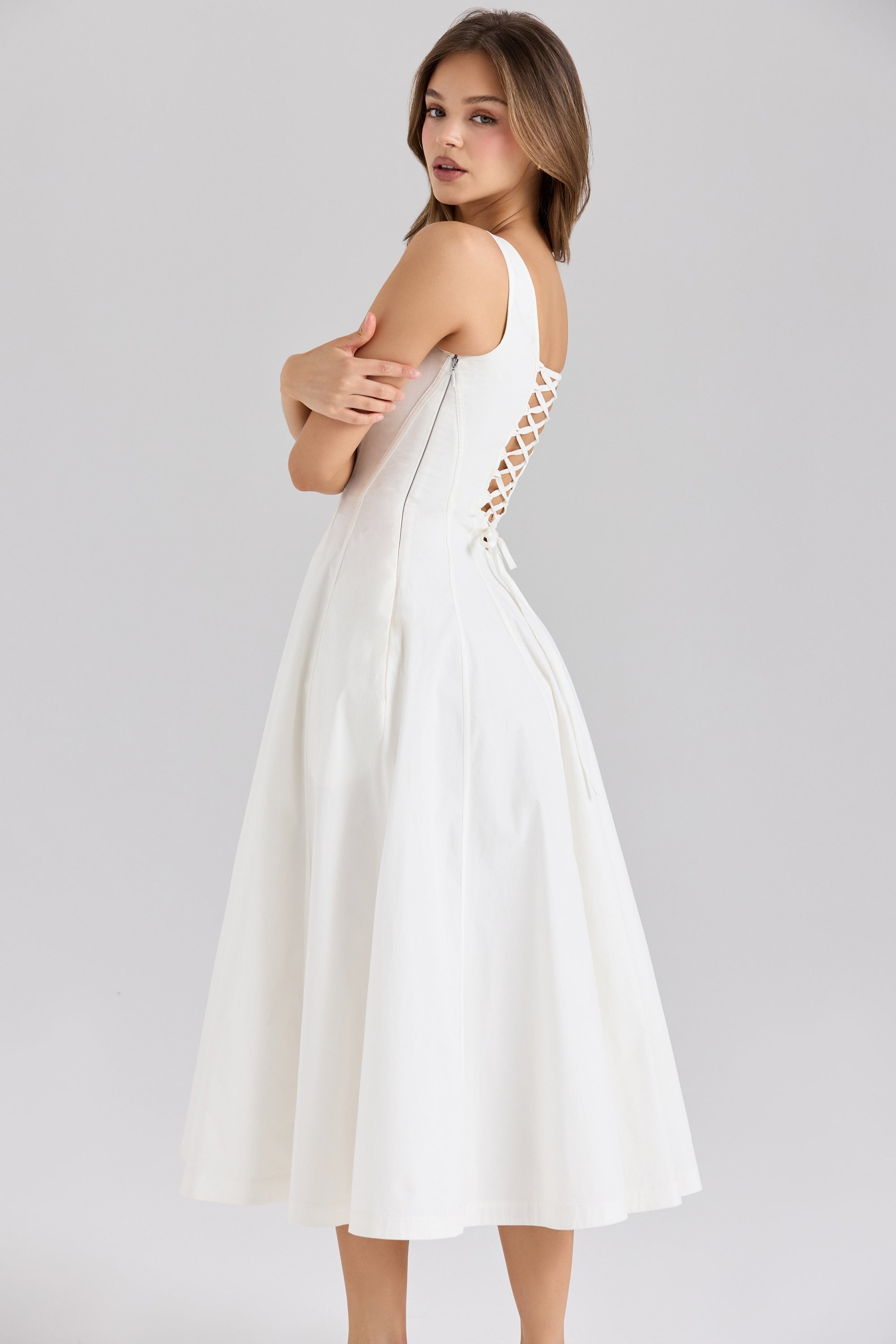 Mariabella-White Stretch Cotton Midi Sundress