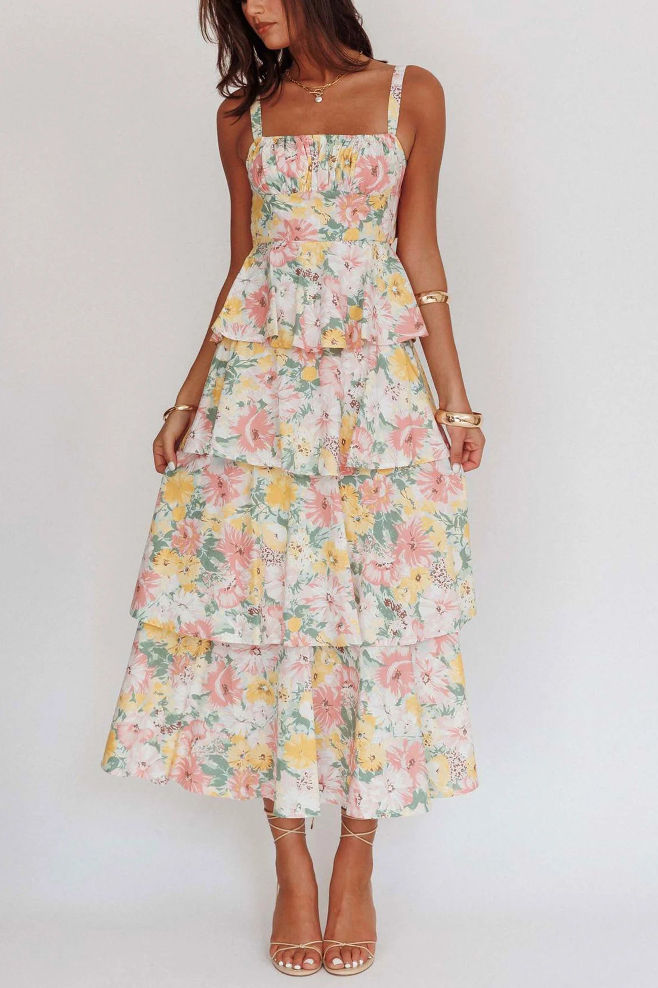 Floral Print Tie-up Tiered Midi Dress