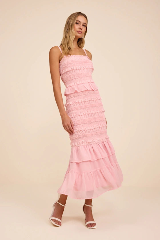 Harley Light Pink Smocked Ruffled Midi Dress