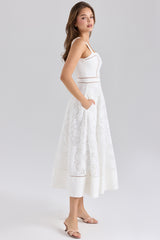 Ava-White Stretch Cotton Broderie Anglaise Midi Dress