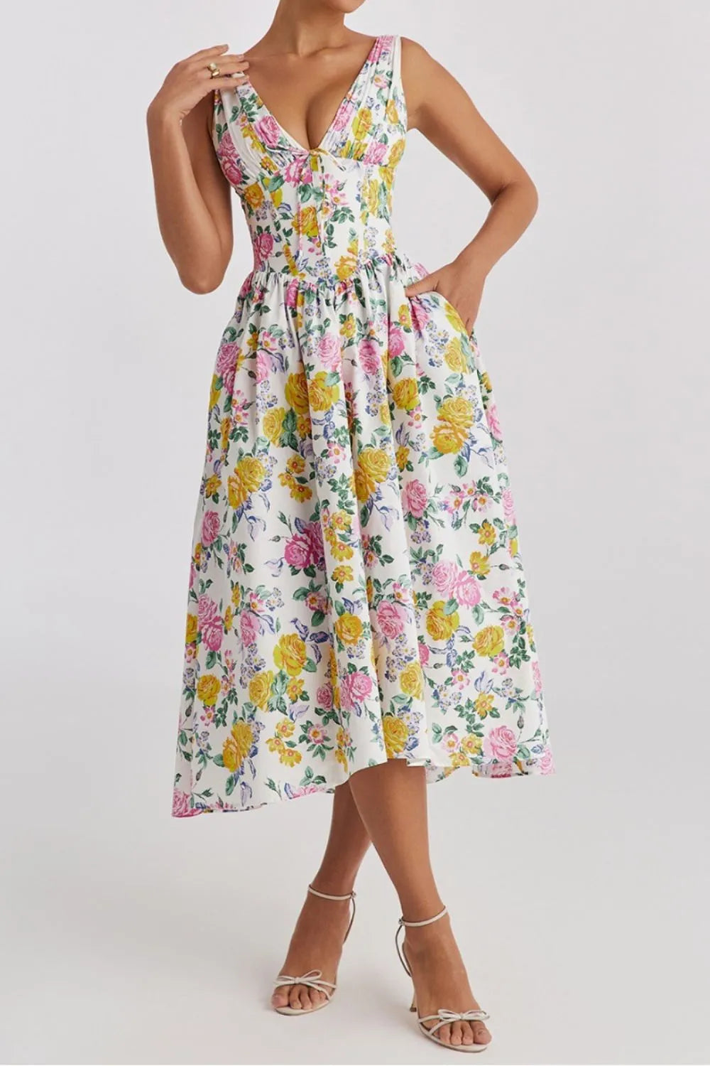 Floral V-Neck Sleeveless Midi Dress with Pockets