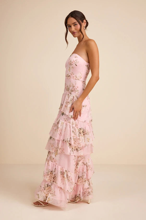 Niyati Blush Floral Strapless Tiered Maxi Dress