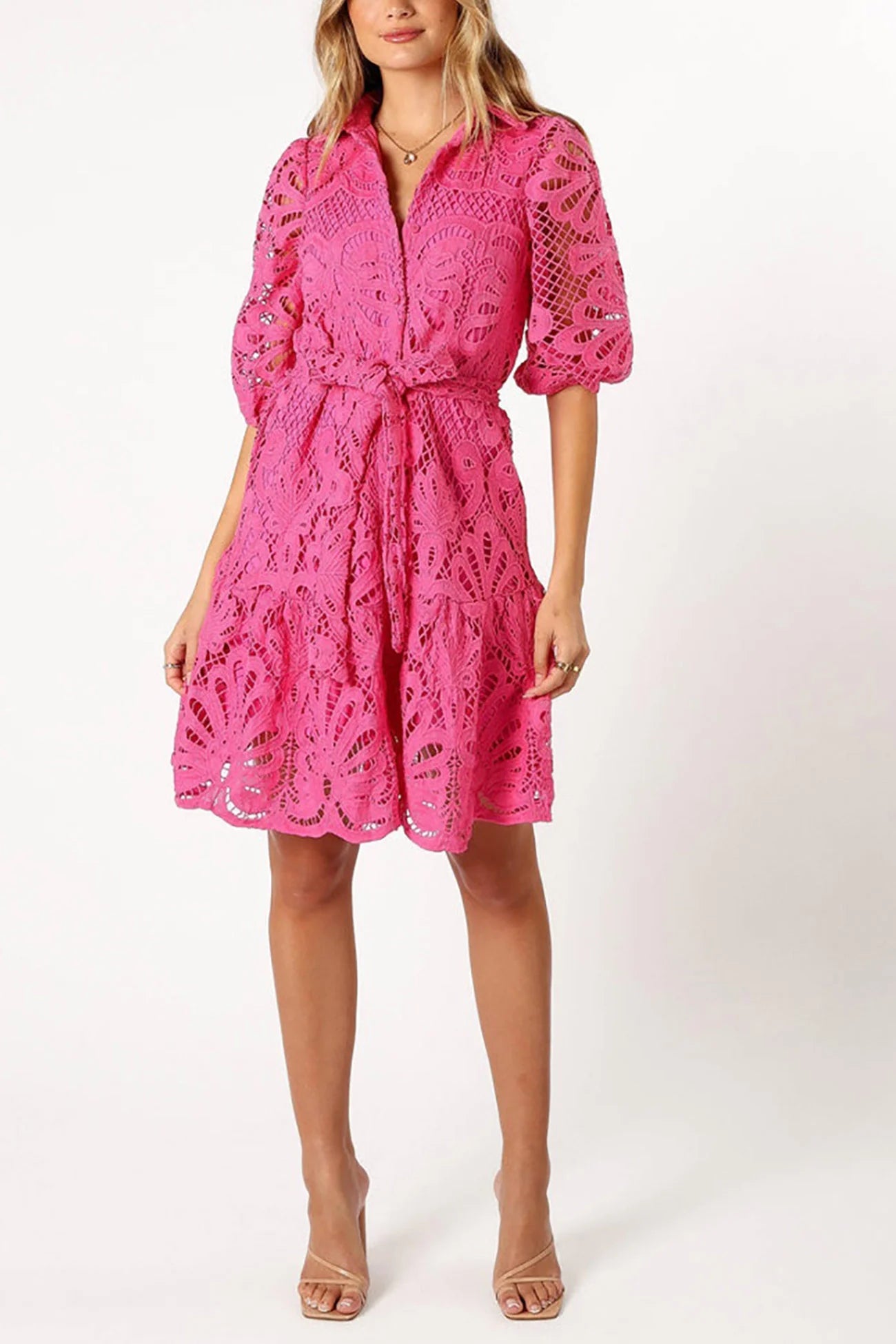 Lace Half Sleeve Tie-up Mini Dress