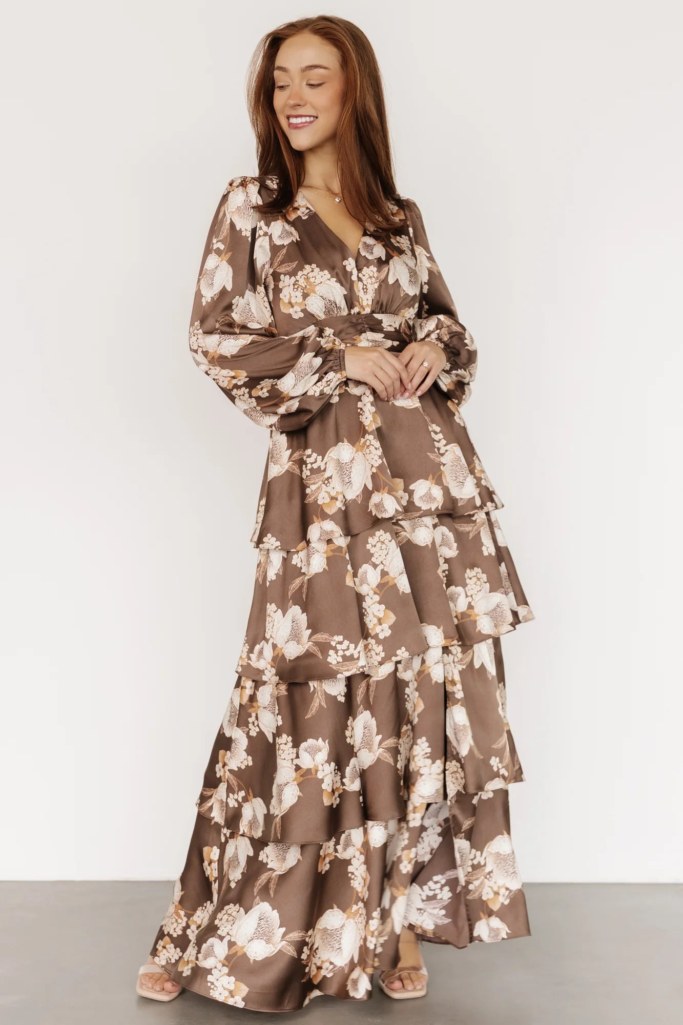 Montrouge Tiered Satin Dress | Mocha Floral