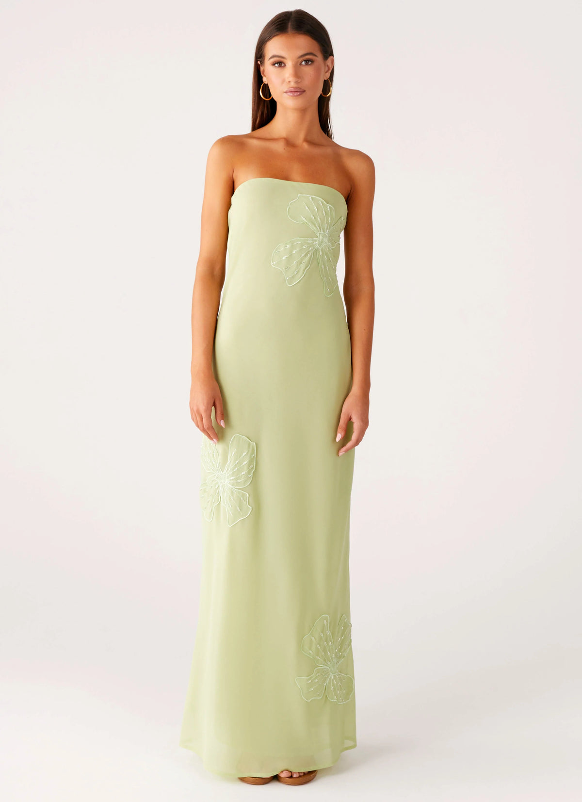 Sassafras Beaded Flower Strapless Maxi Dress - Lime