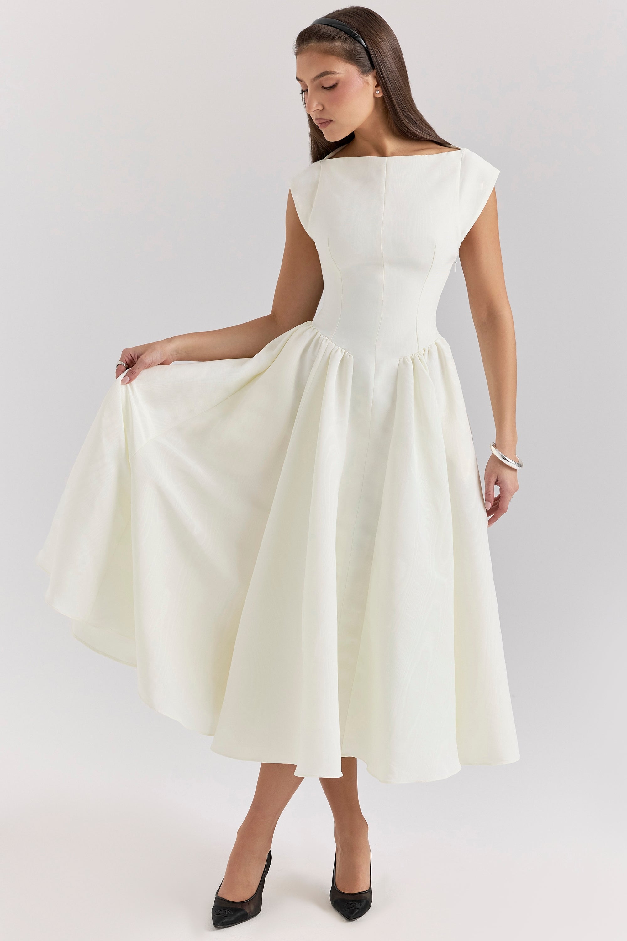 Debutante-Ivory Moire Satin Midi Dress