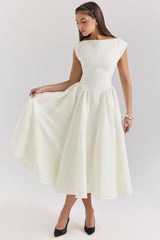 Debutante-Ivory Moire Satin Midi Dress