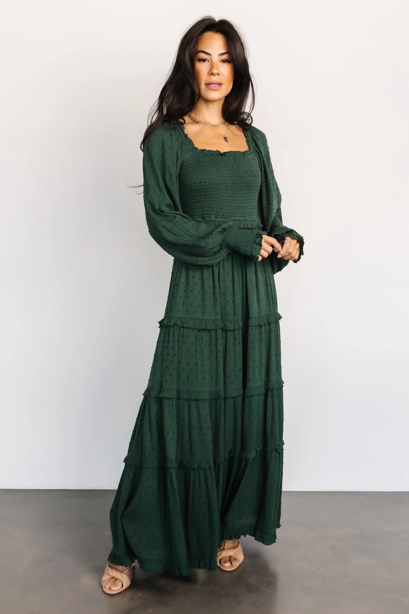 Amanda Smocked Dotted Maxi Dress | Evergreen