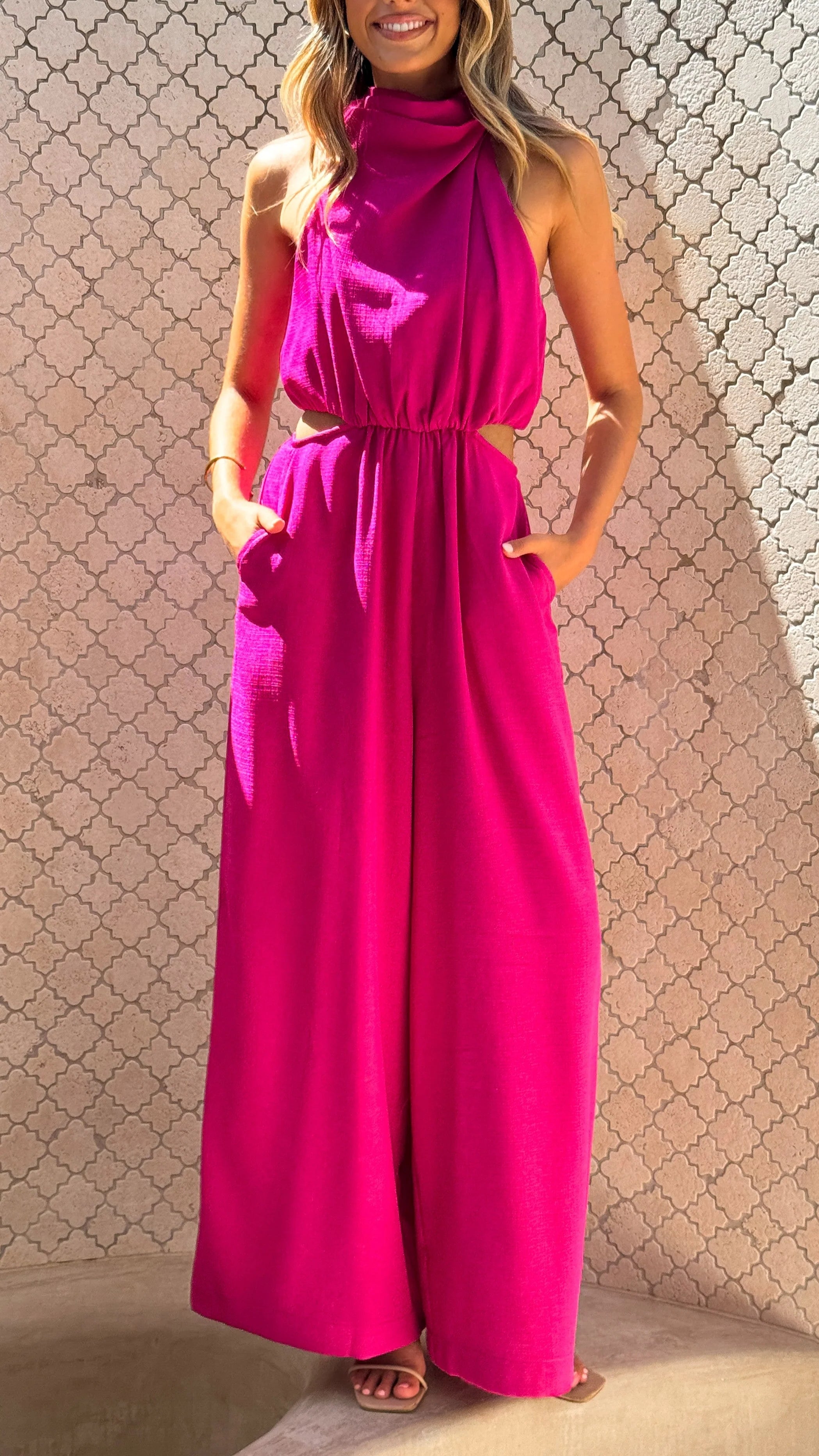 Lara Halter Neck Wide Leg Jumpsuit - Pink