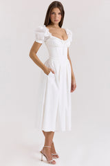 Lulabell-White Stretch Cotton Puff Sleeve Midi Dress