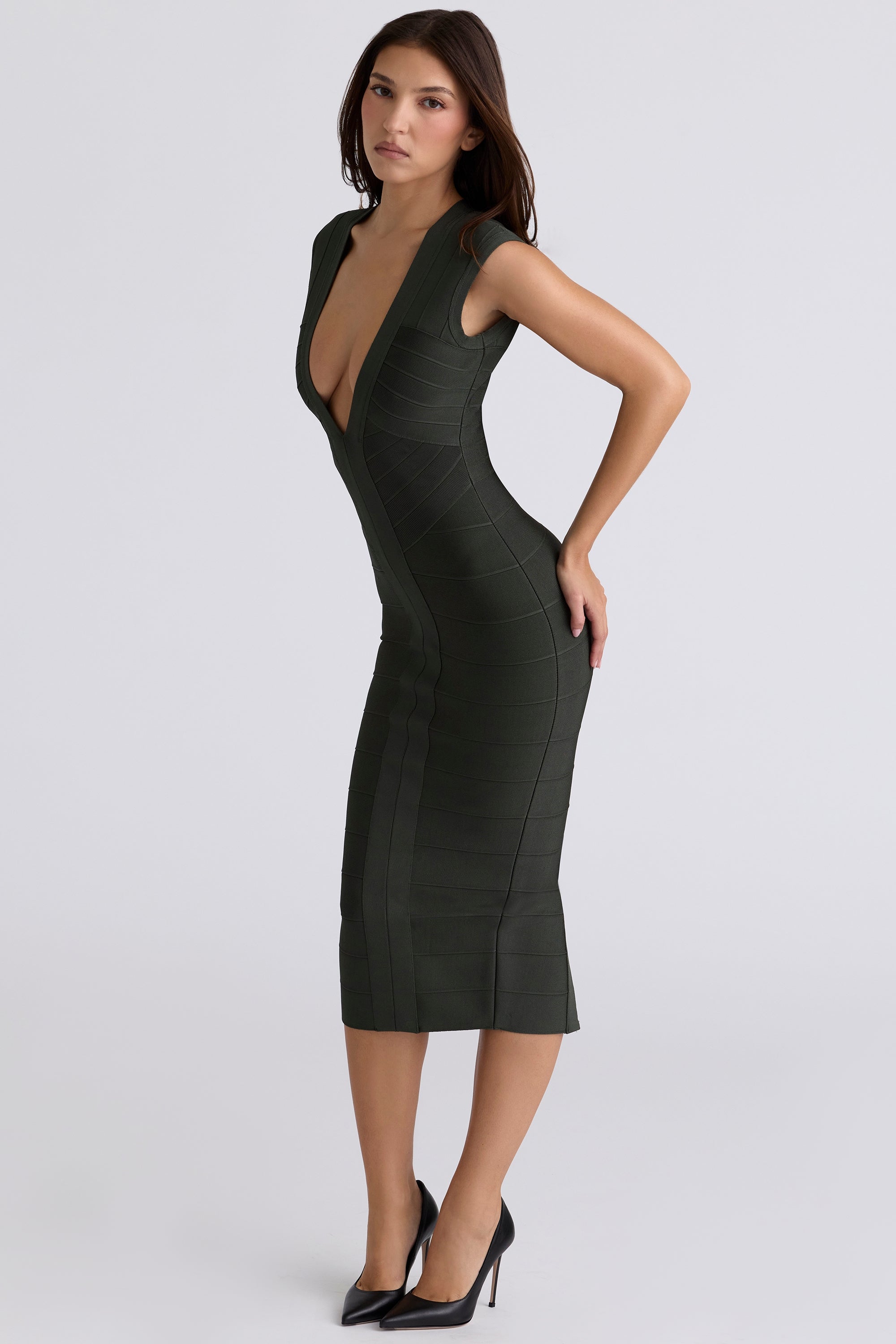 The Super Plunge-Emerald Stretch Bandage Midi Dress