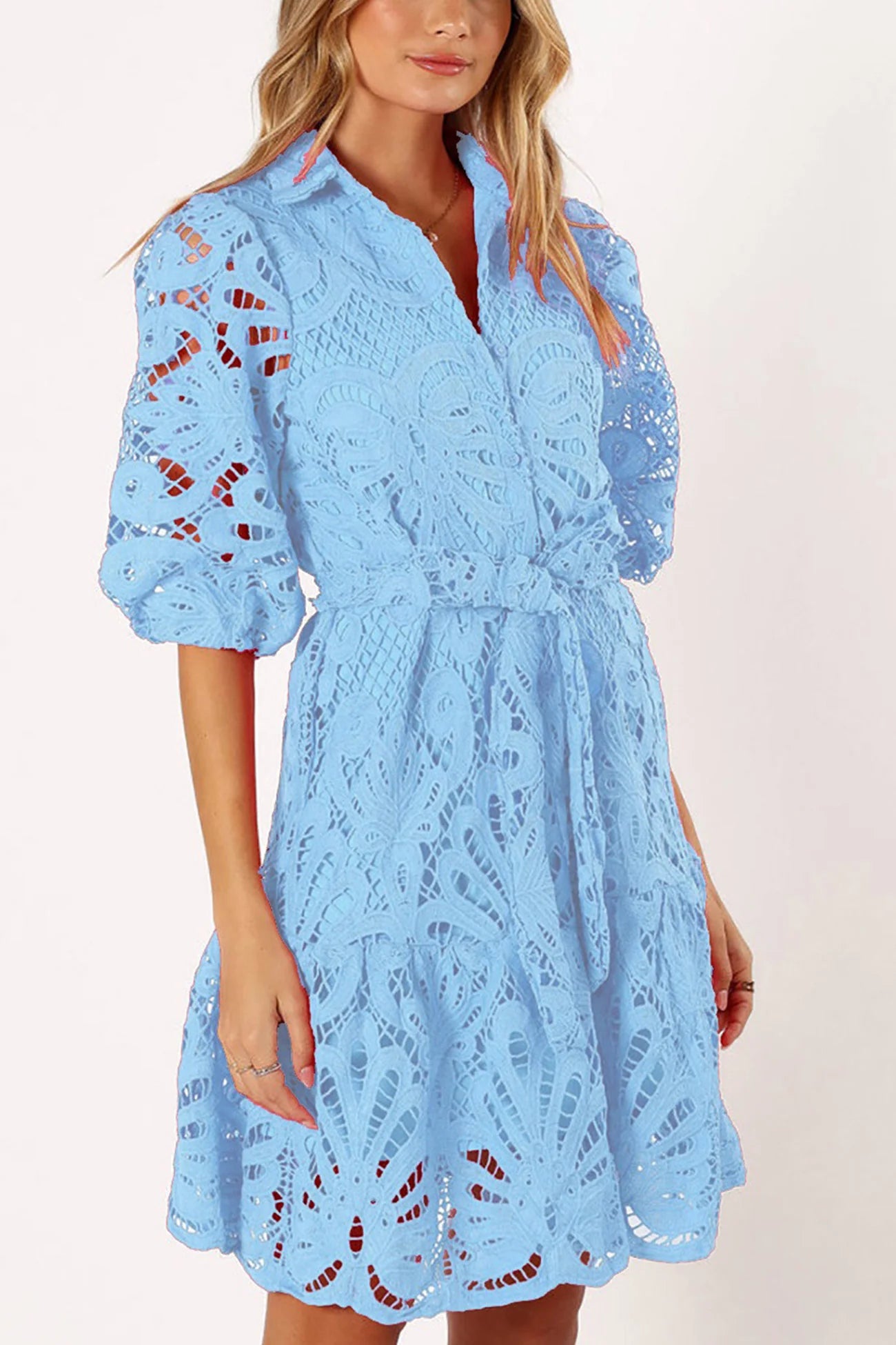Lace Half Sleeve Tie-up Mini Dress