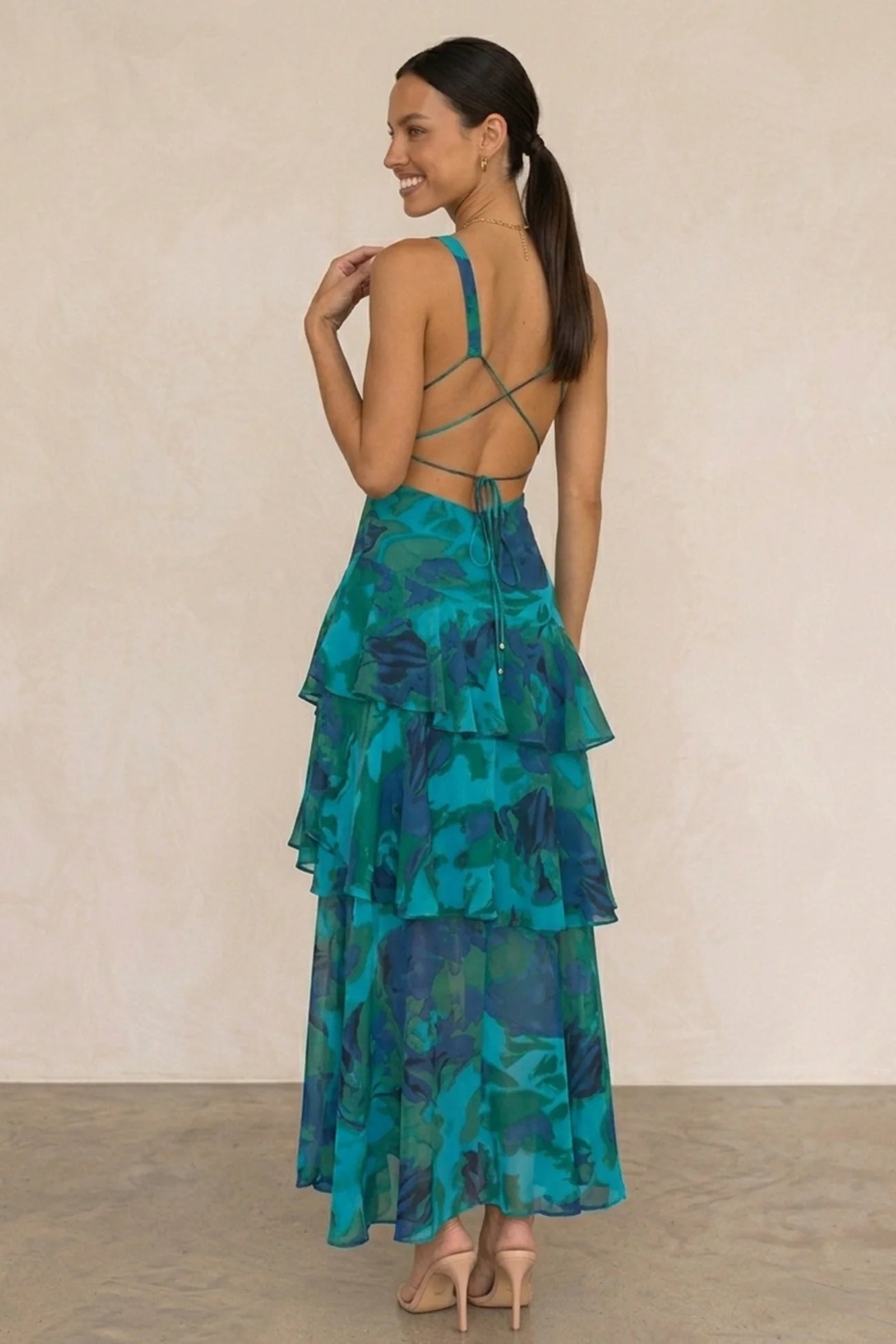Floral Print Tie-up Back Chiffon Tiered Dress