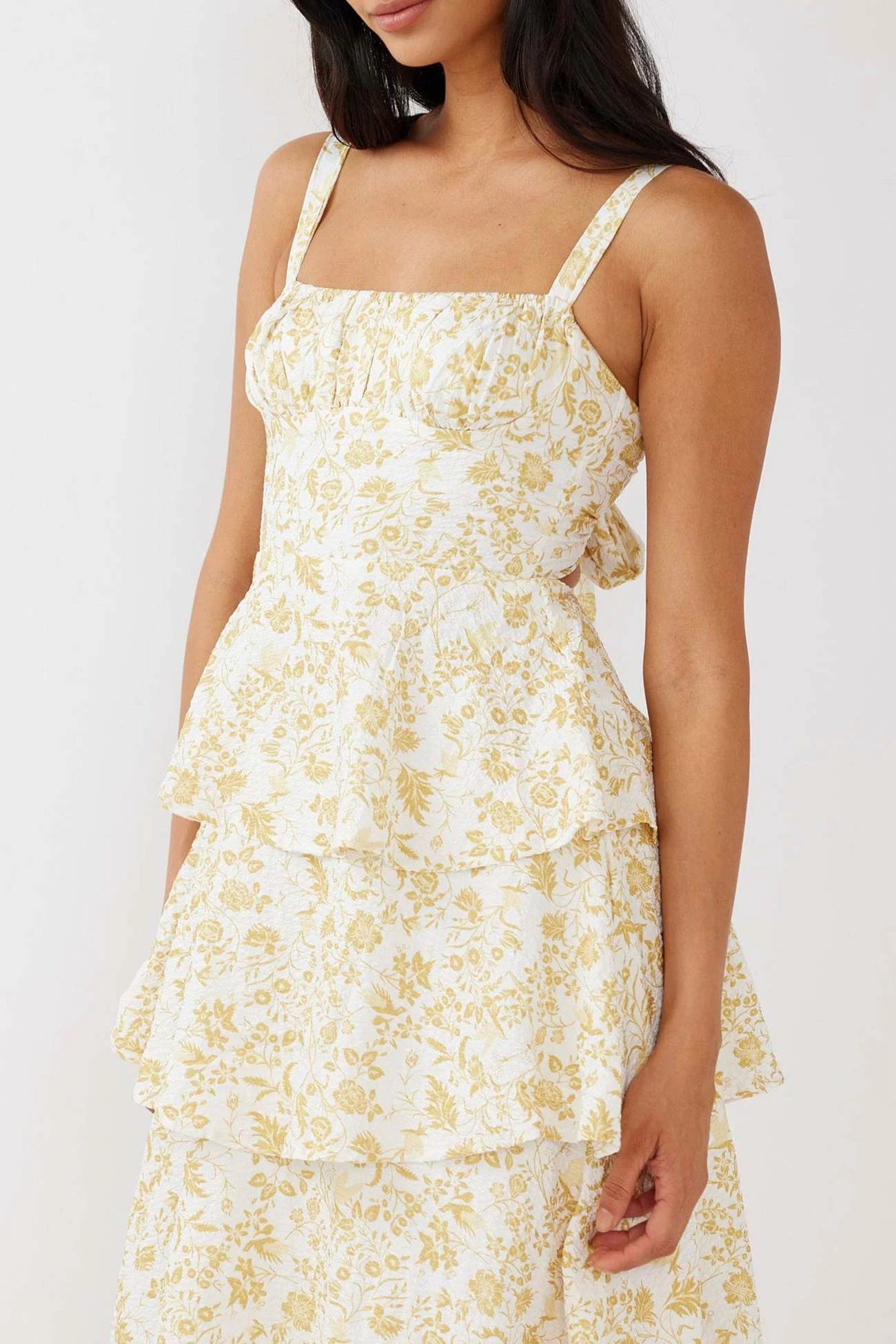 Floral Print Tie-up Tiered Midi Dress