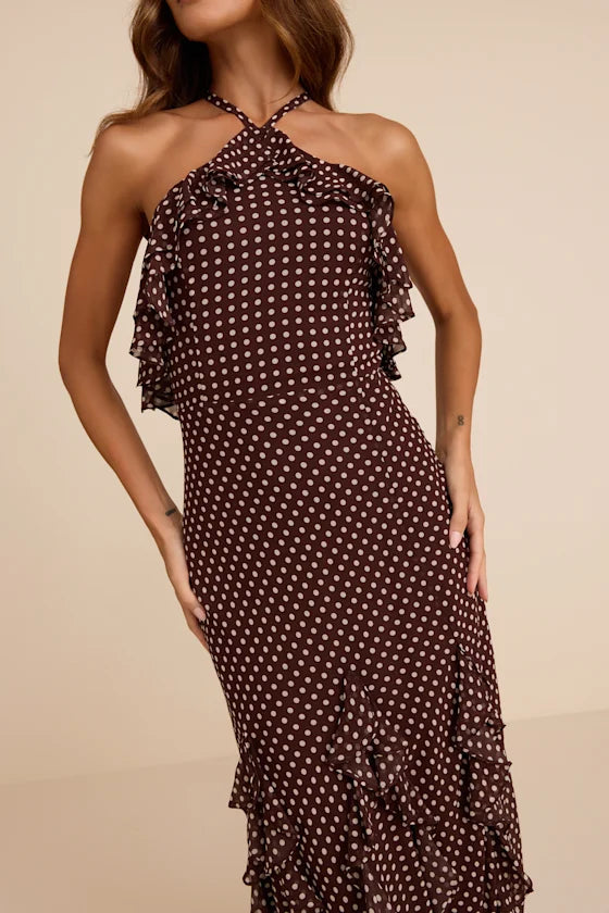Casey Brown Polka Dot Halter Ruffled Maxi Dress