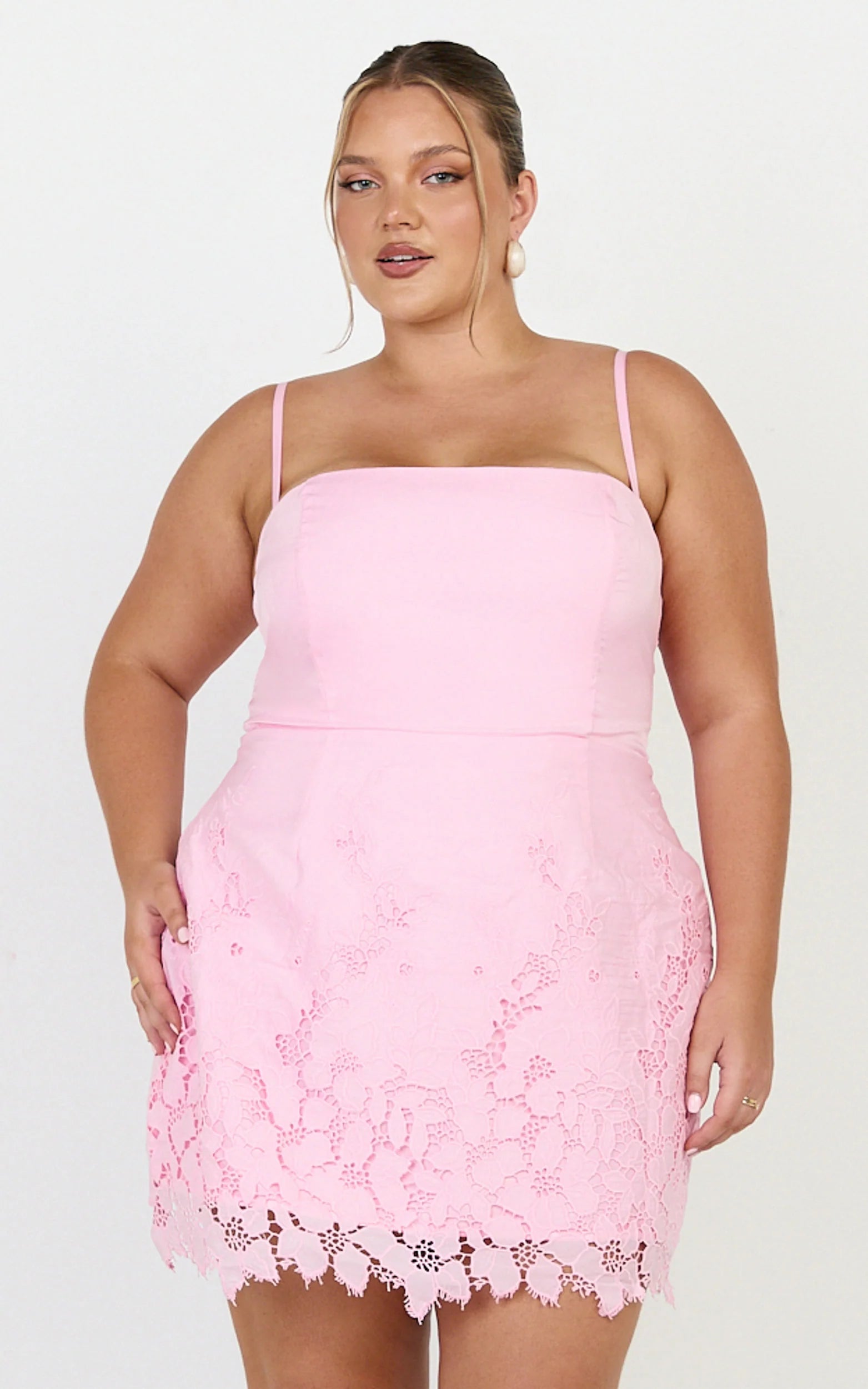 Strapless Broderie Cut Out Border Hem Dress in Pink