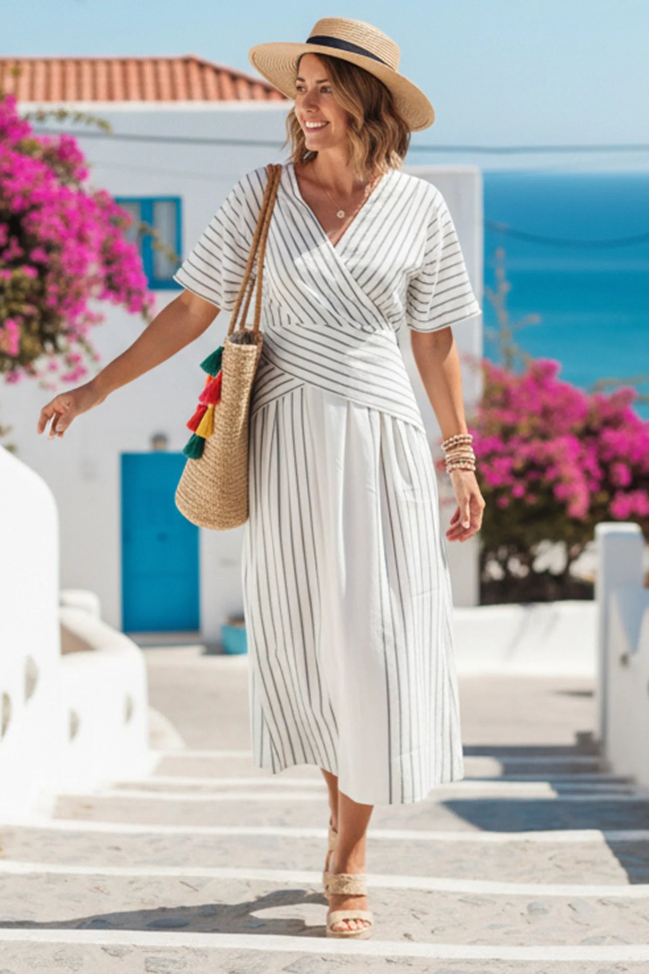 V Neck Striped Print Patchwork Dress
