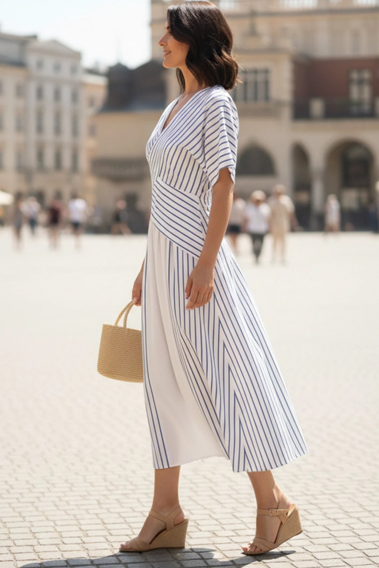 V Neck Striped Print Patchwork Dress