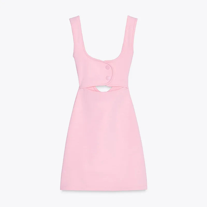 Pink Strap Cut Out Snap Button Bodycon Mini Dress